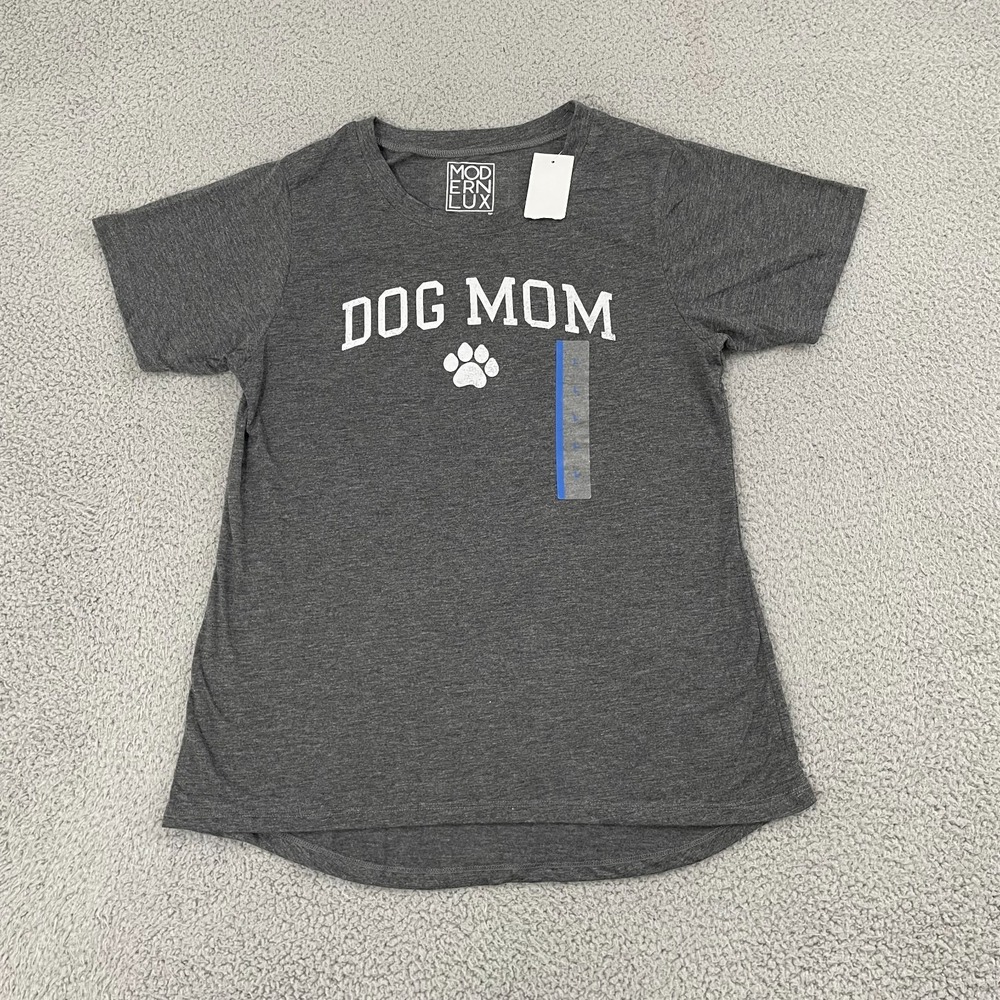 NEW Dog Mom Shirt Women L‎ Gray Paw Print Modern Lux Short Sleeve Dog Lover Tee